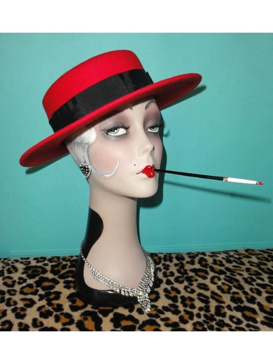 Vintage Red Wool Church Hat w/ Feathers pinup retro rockabilly Kentucky Derby main image 9